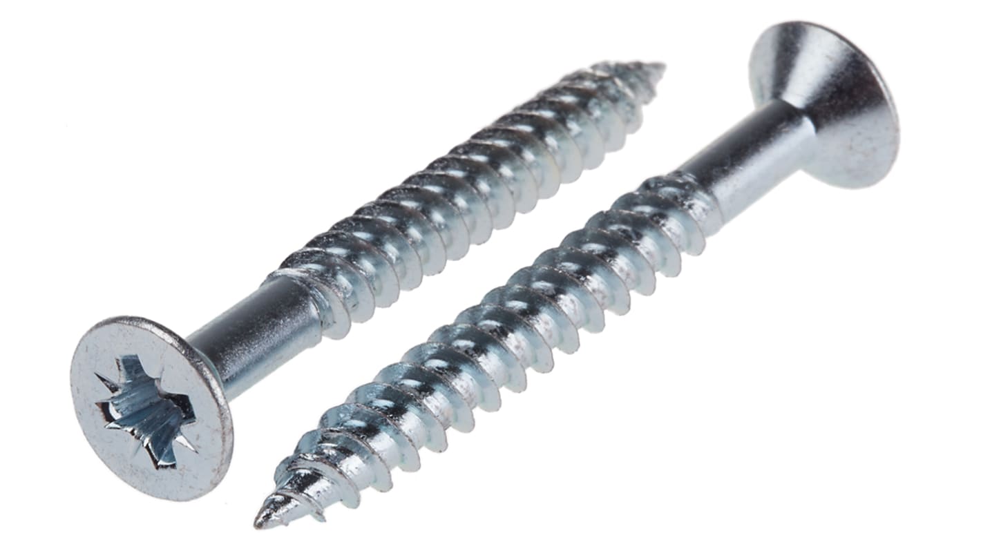 RS PRO Pozidriv Countersunk Steel Wood Screw, Bright Zinc Plated, No. 12 Thread, 2in Length