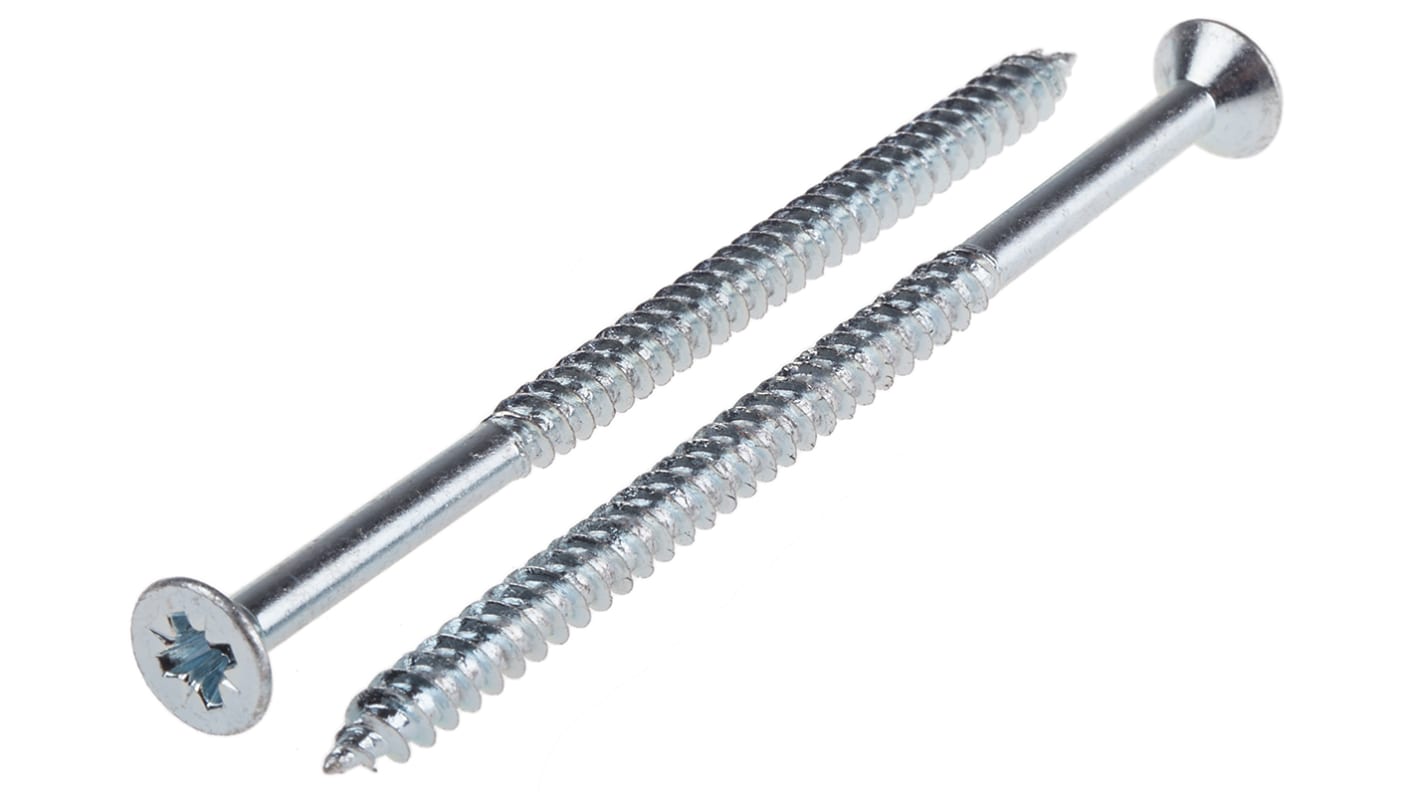 RS PRO Pozidriv Countersunk Steel Wood Screw, Bright Zinc Plated, No. 12 Thread, 4in Length