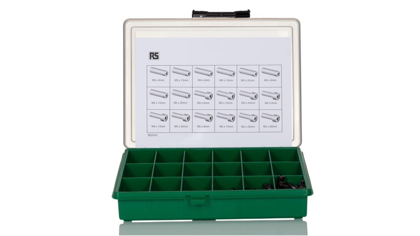 RS PRO Stahl Schrauben Sortiment Innensechskant, M3, M4, M5 x 6 → 30mm, 450 Stück