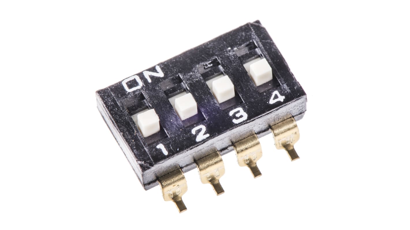 Interruptor DIP, 4PST, Montaje superficial, Actuador Deslizante, 25 mA a 24 V dc, 4 vías, -20 → +70°C