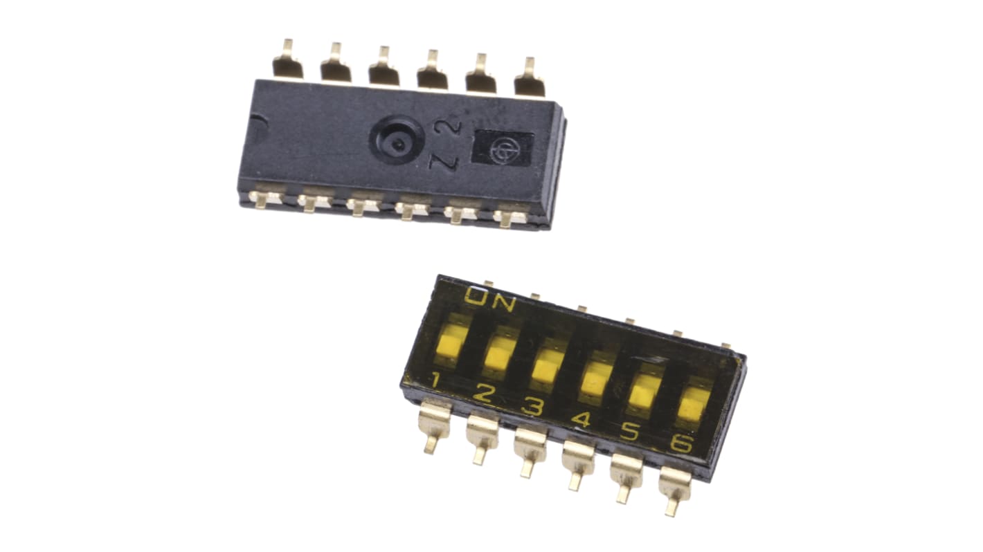 Interruttore DIP A6S-6102-H, 6P, 25 mA a 24 V cc, 6 posizioni, attuatore a Slitta, Montaggio superficiale