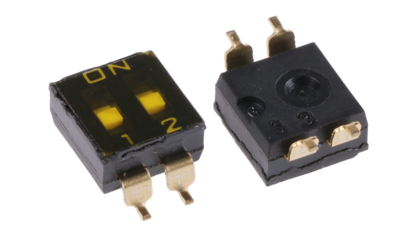Interruptor DIP, DPST, Montaje superficial, Actuador Deslizante, 25 mA a 24 V dc, 2 vías, -20 → +70°C