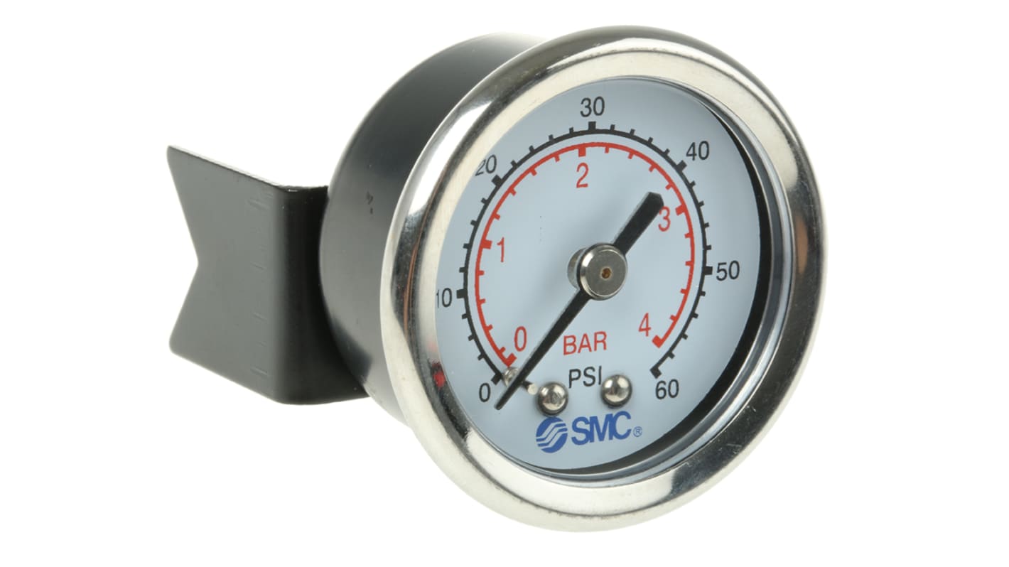 SMC Analogue Pressure Gauge 4bar Back Entry, 4K84P, With RS Calibration, 0bar min.