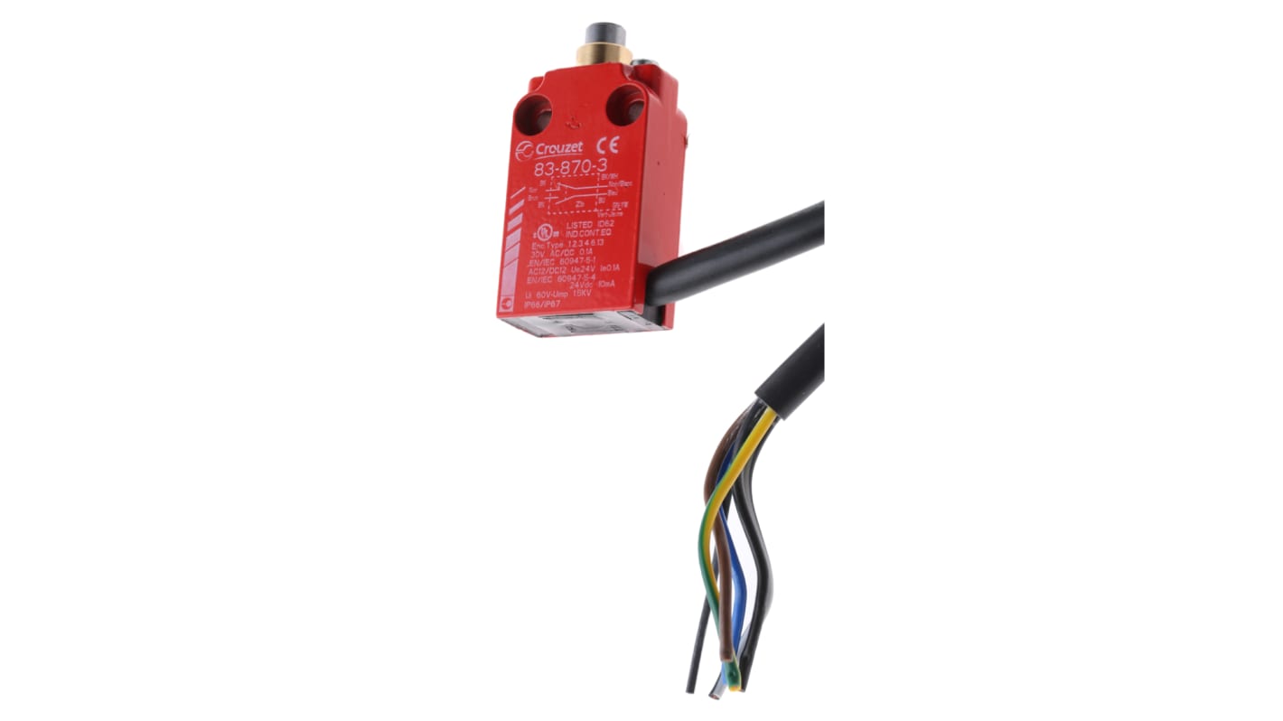 Crouzet Plunger Limit Switch, NO/NC, IP66, IP67, Metal Housing, 30V ac Max, 100mA Max