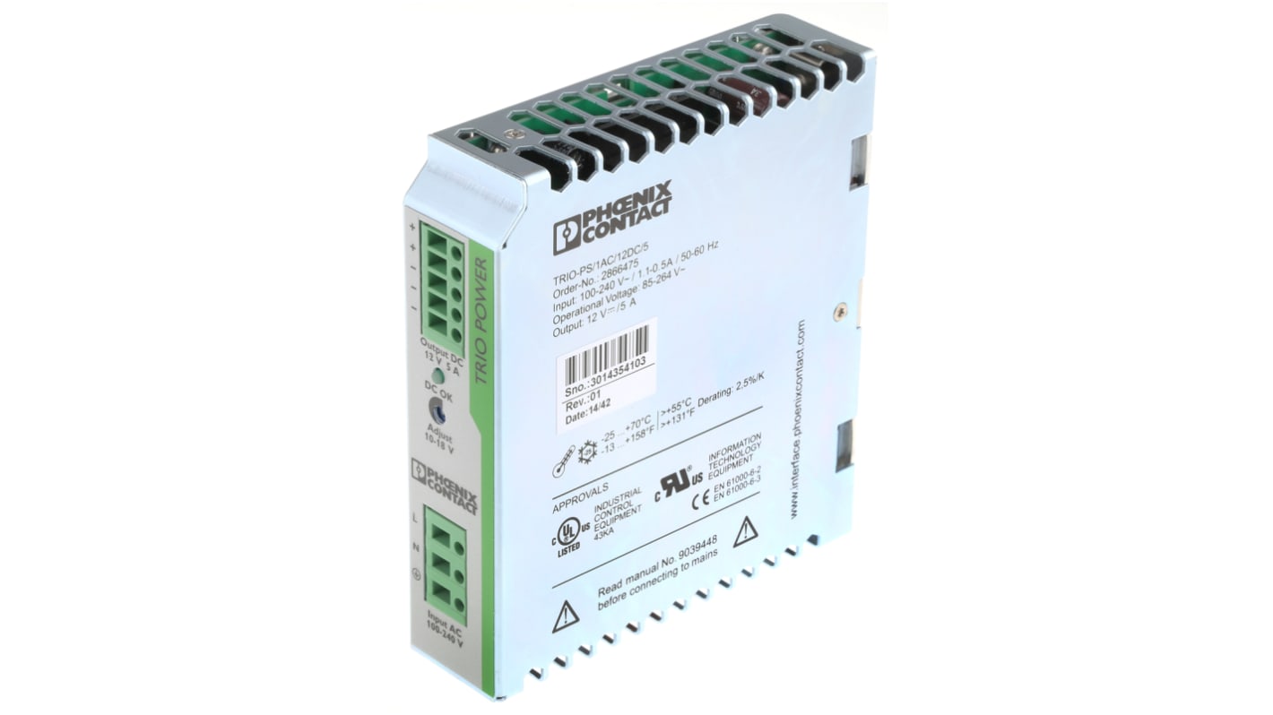 Phoenix Contact TRIO POWER Switched Mode DIN Rail Power Supply, 85 → 264V ac ac Input, 12V dc dc Output, 5A