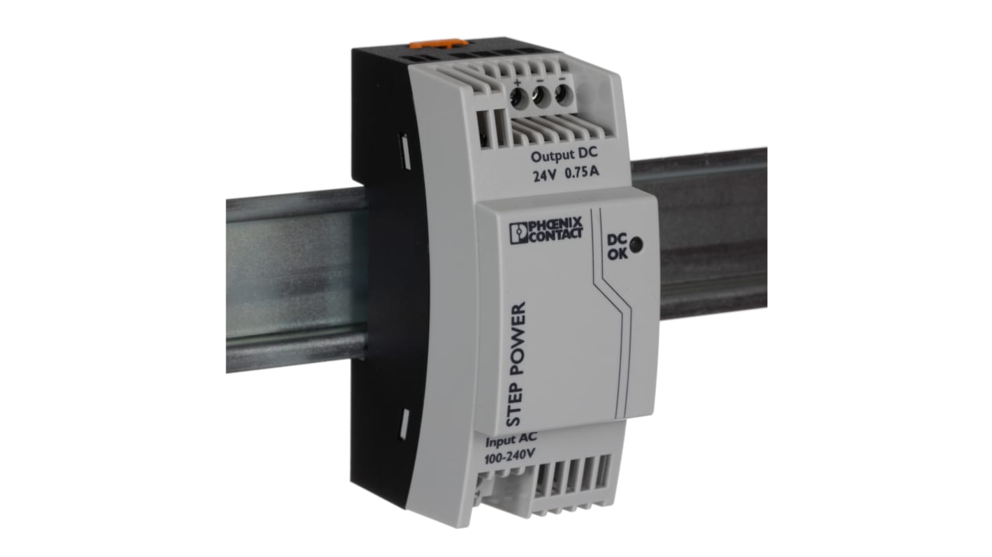 Phoenix Contact STEP POWER Switched Mode DIN Rail Power Supply, 85 → 264V ac ac Input, 24V dc dc Output, 750mA