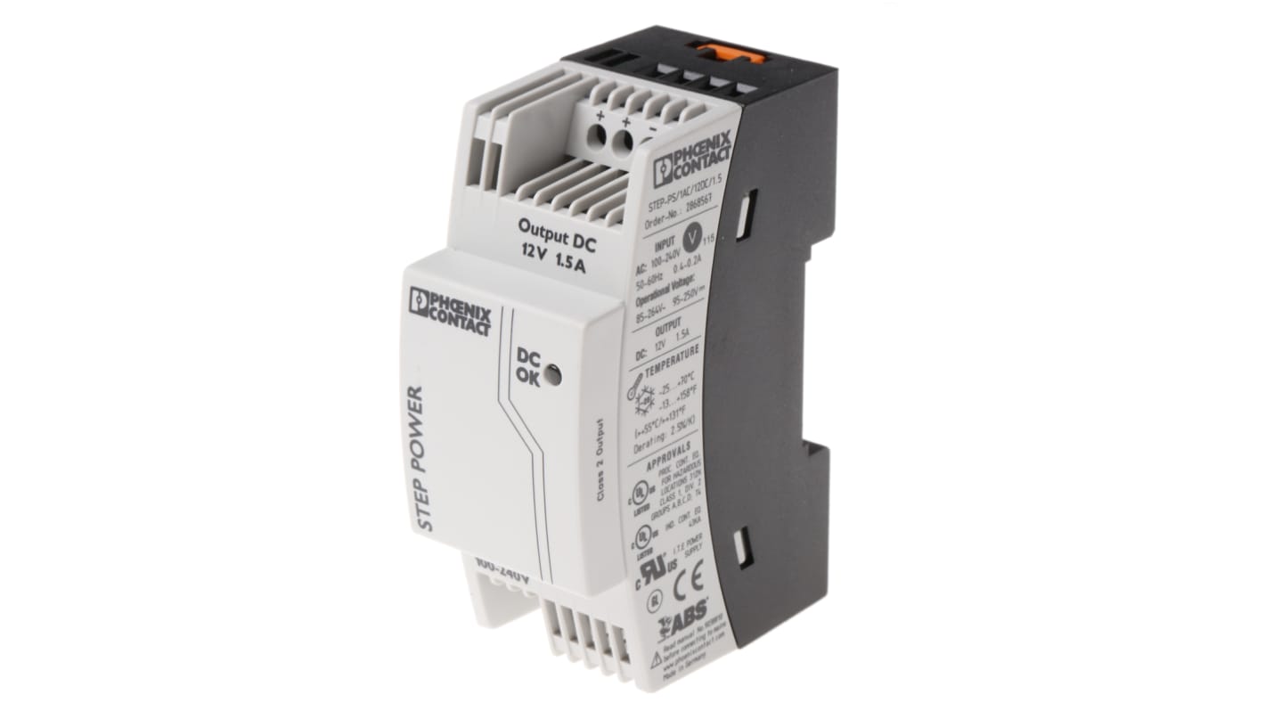 Phoenix Contact STEP POWER Switched Mode DIN Rail Power Supply, 85 → 264V ac ac Input, 12V dc dc Output, 1.5A