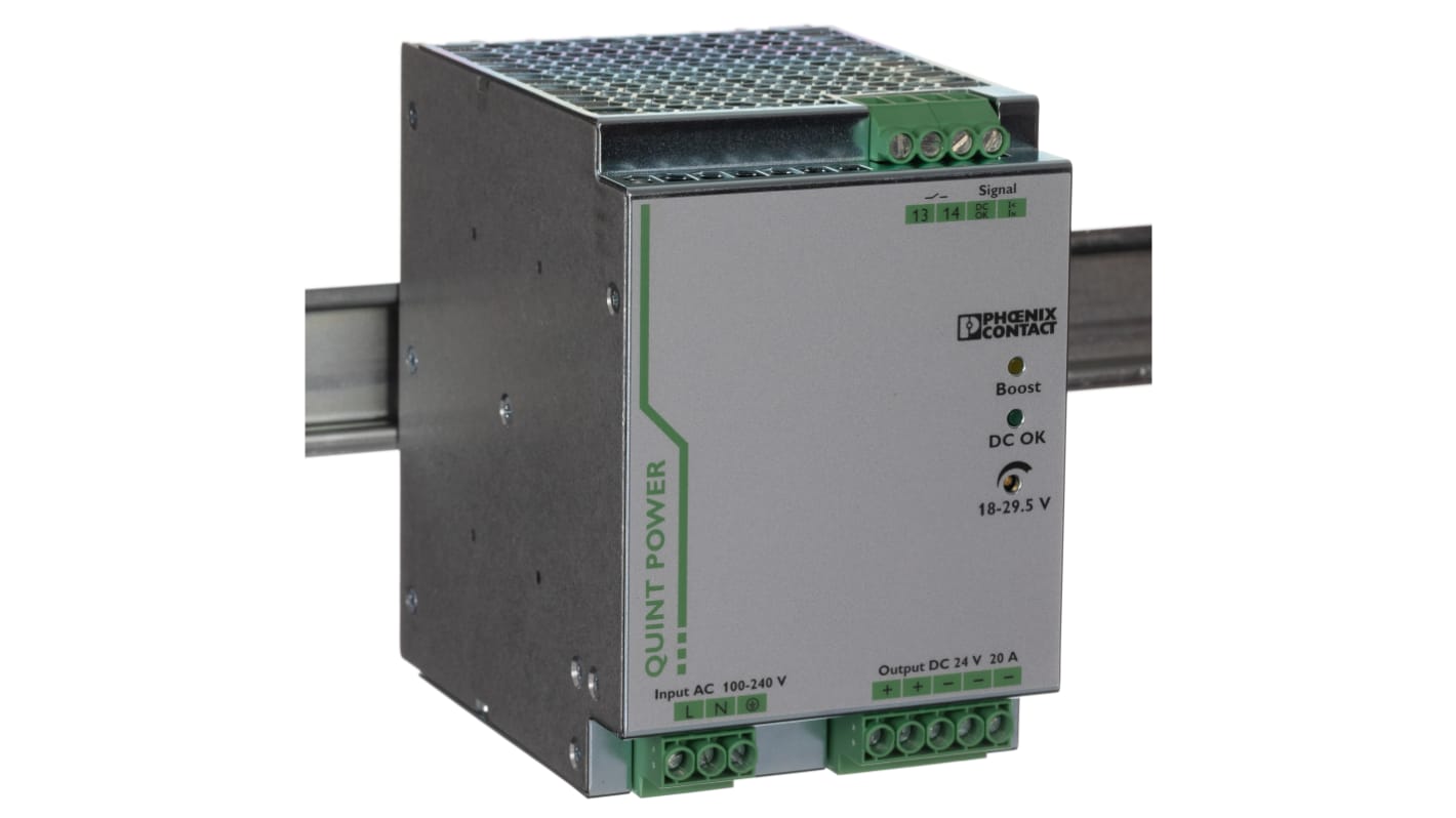 Phoenix Contact QUINT POWER Switched Mode DIN Rail Power Supply, 85 → 264V ac ac Input, 24V dc dc Output, 20A