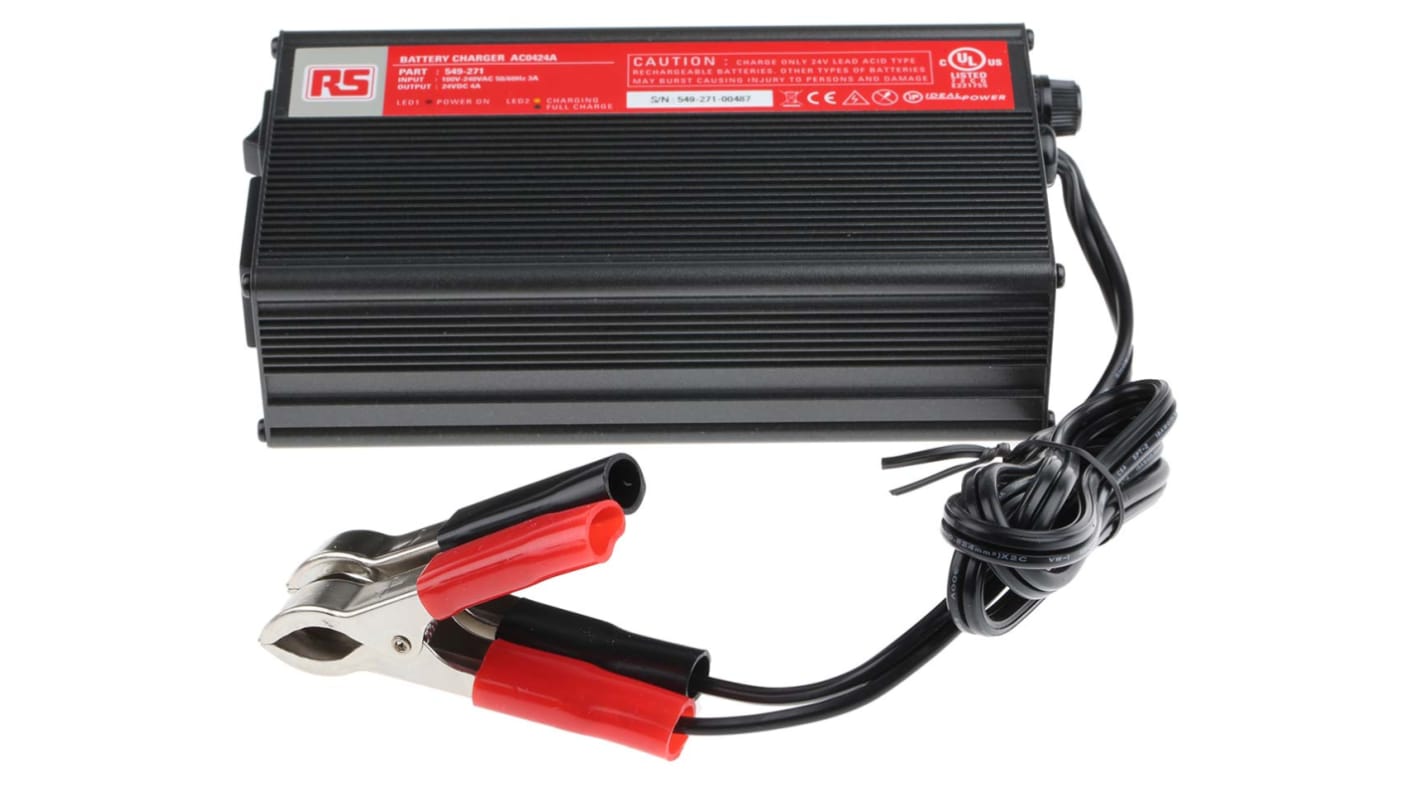 RS PRO Battery Charger For Lead Acid 2 Cell 24V 4A with Schuko Plug, UK plug
