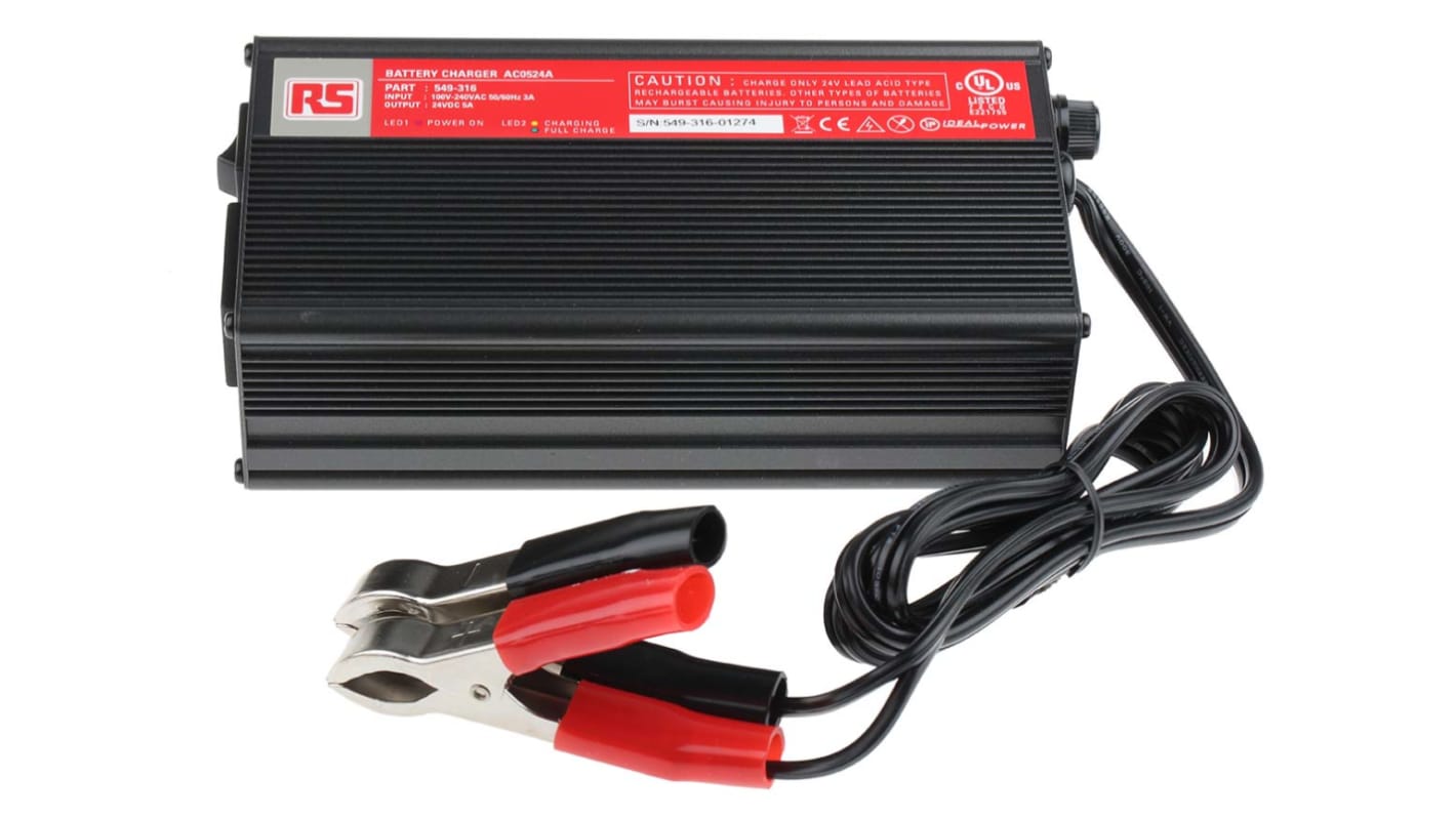 RS PRO Battery Charger For Lead Acid 2 Cell 24V 5A with EU, UK plug