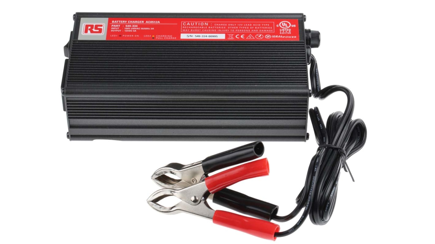 RS PRO 铅酸电池充电器, 75W, 5A, 12V输出, 115 V ac, 230 V ac输入, 欧盟插头, 支持1个电池