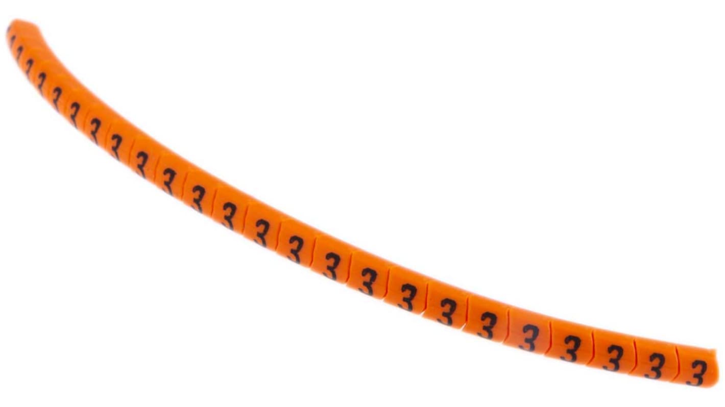 HellermannTyton Helagrip Slide On Cable Markers, Black on Orange, Pre-printed "3", 1 → 3mm Cable