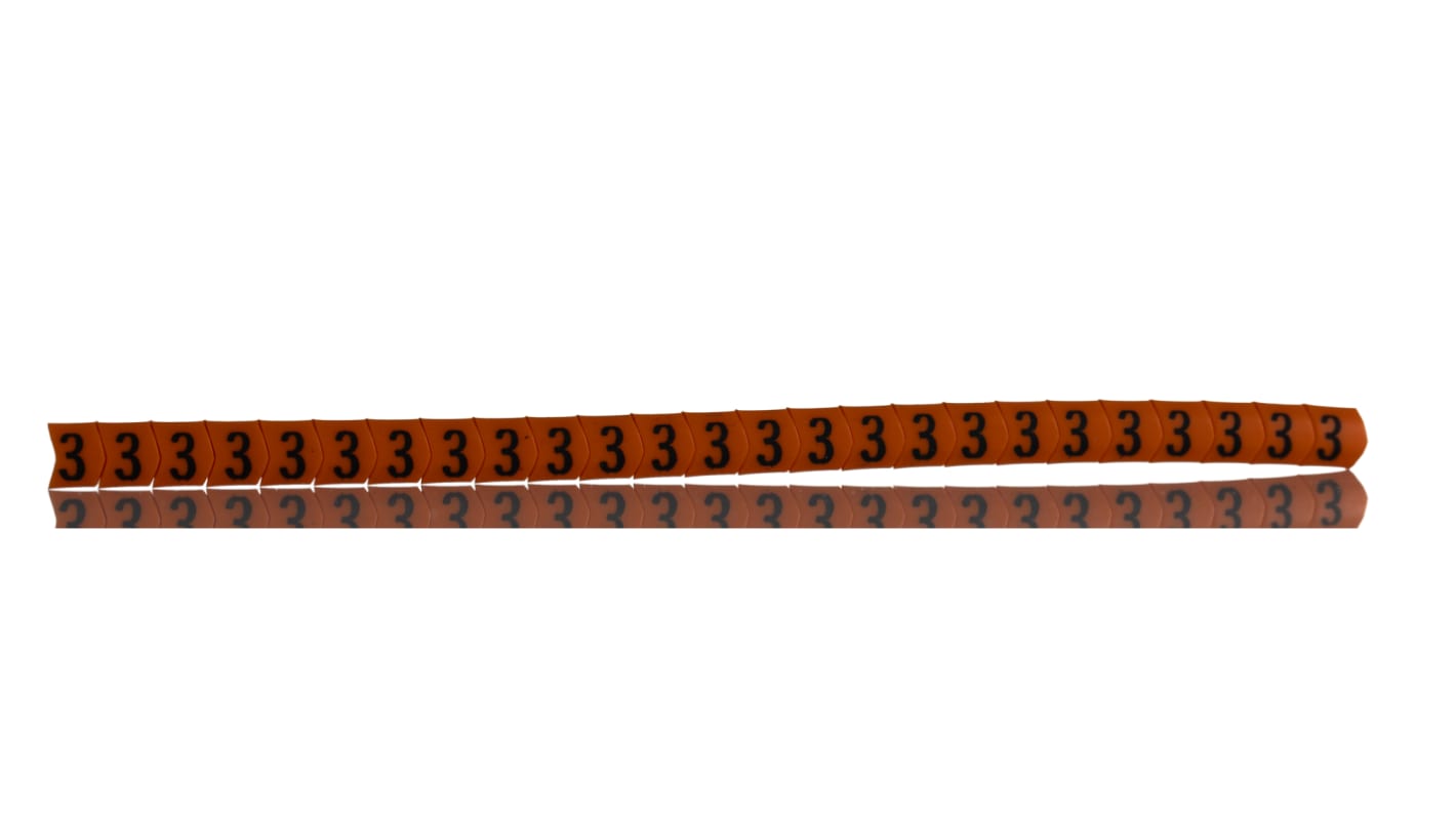 HellermannTyton Helagrip Slide On Cable Markers, Black on Orange, Pre-printed "3", 2 → 5mm Cable, 901-10359