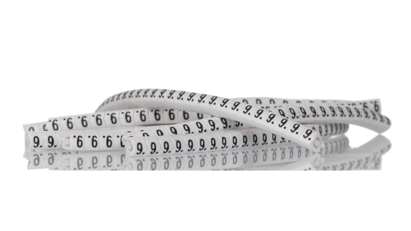 HellermannTyton Helagrip Slide On Cable Markers, Black on White, Pre-printed "9", 2 → 5mm Cable, 901-10365