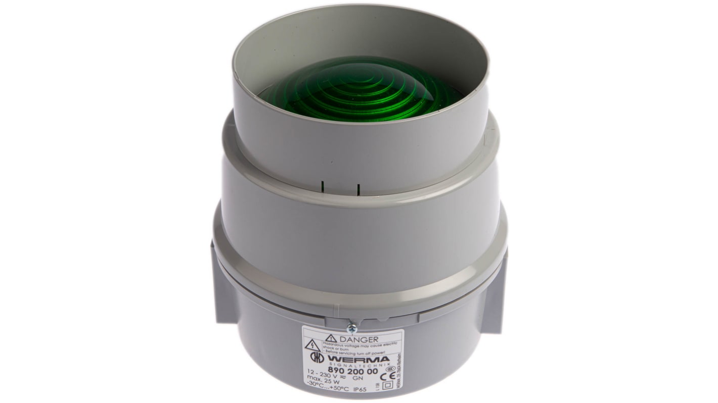 Werma 常亮警示灯, 12 → 230 V 交流 / 直流, 绿色透镜, 灰色外壳, Φ150mm底座, IP65, BWM 890系列