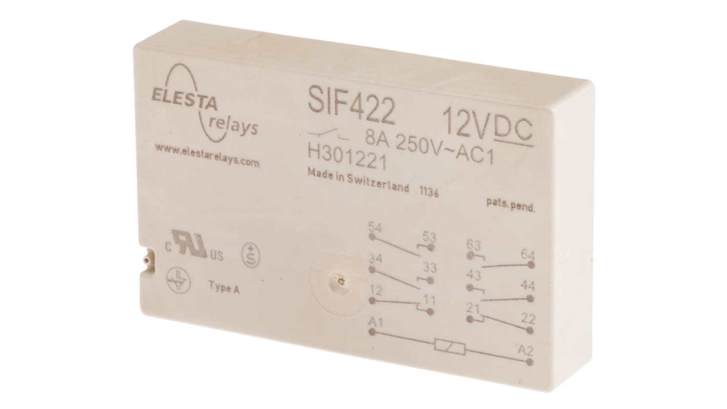 Elesta PCB Mount Force Guided Relay, 12V dc Coil Voltage, 4PST, DPST