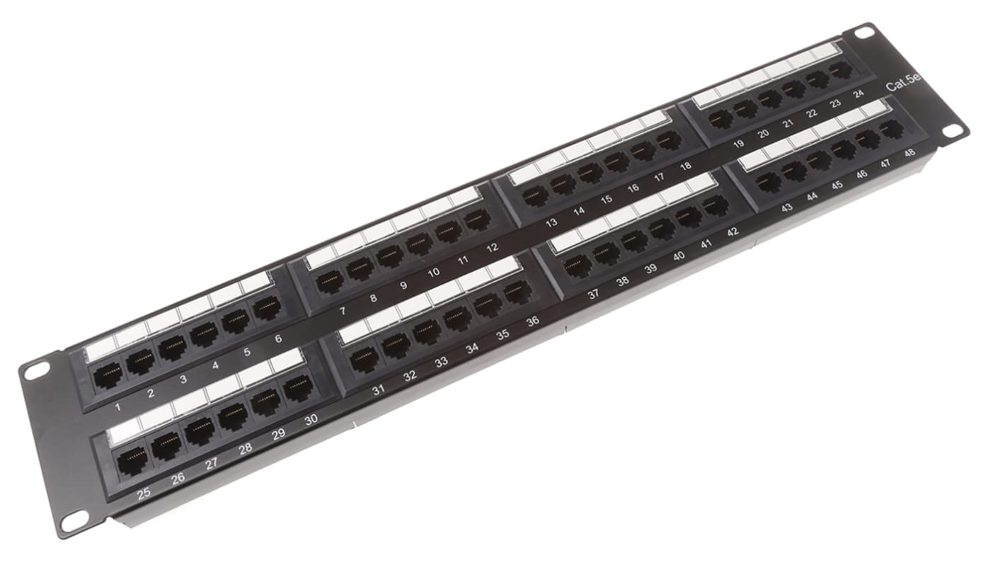 RS PRO RJ patchpanel, Cat5e, 48 Porte, RJ45, UTP, 2U, Sort