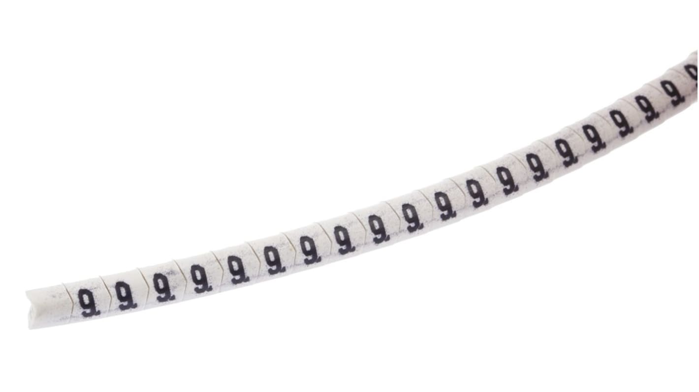 HellermannTyton Helagrip Slide On Cable Markers, Black on White, Pre-printed "9", 2 → 5mm Cable, 515-03954