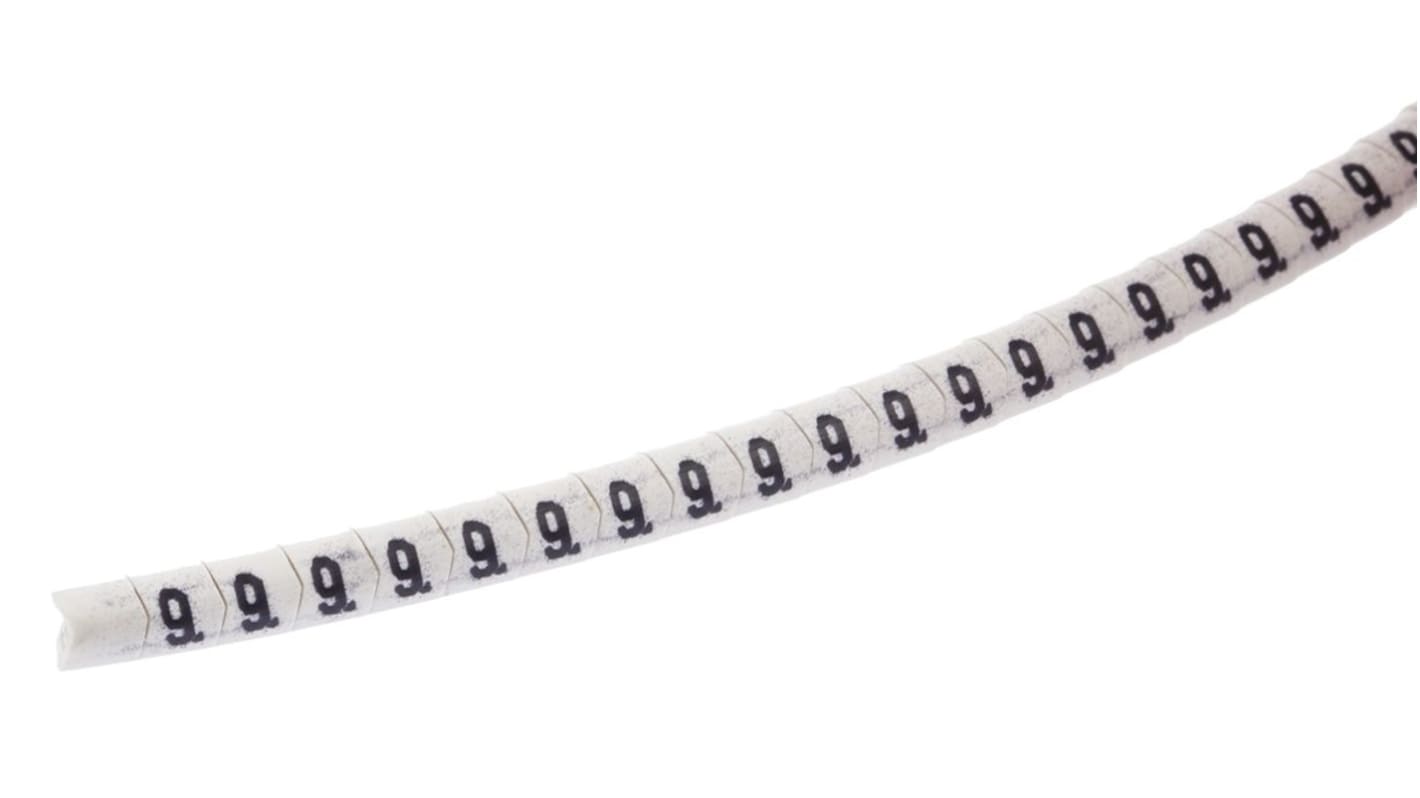 HellermannTyton Helagrip Slide On Cable Markers, Black on White, Pre-printed "9", 2 → 5mm Cable