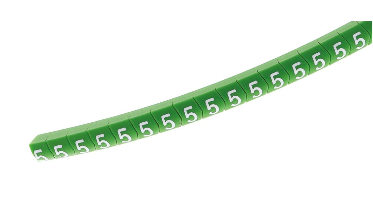 HellermannTyton Helagrip Slide On Cable Markers, White on Green, Pre-printed "5", 2 → 5mm Cable, 515-03950