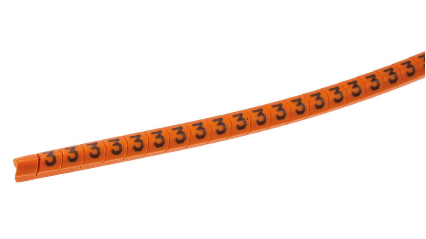 HellermannTyton Helagrip Slide On Cable Markers, Black on Orange, Pre-printed "3", 2 → 5mm Cable, 515-03948