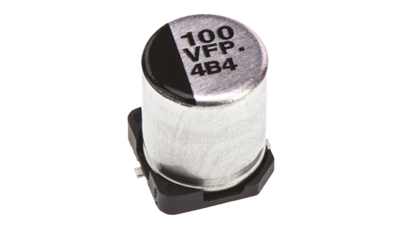 Condensatore elettrolitico Panasonic, serie FP, 100μF, 35V cc, ±20%, +105°C, SMD