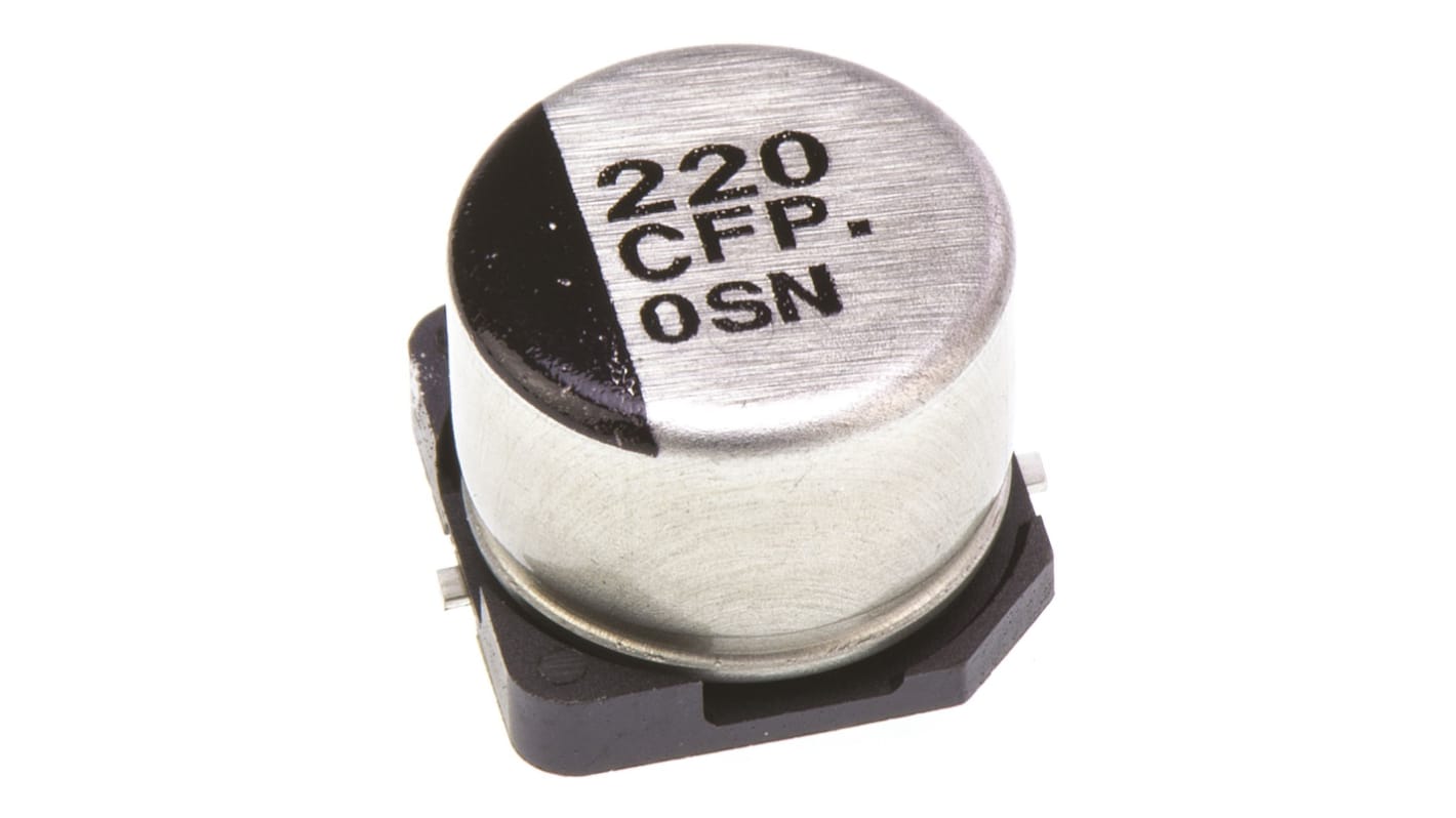 Condensatore elettrolitico Panasonic, serie FP, 220μF, 16V cc, ±20%, +105°C, SMD