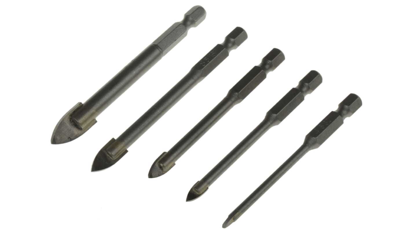 Keil 5-Piece Glass Drill Bit Set, 10mm Max, 4mm Min, Carbide Tipped Bits