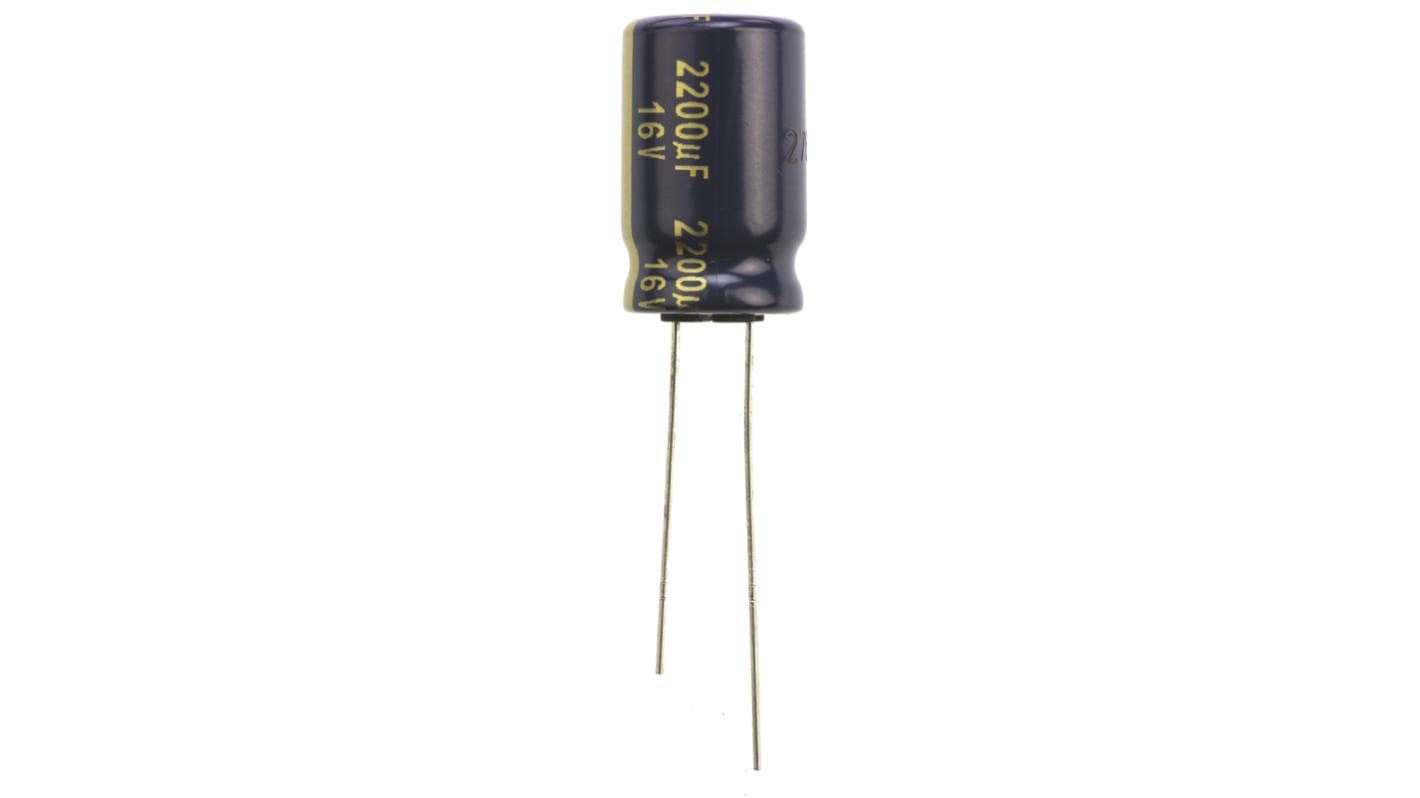 Condensador electrolítico Panasonic serie FK Radial, 2200μF, ±20%, 16V dc, Radial, Orificio pasante, 12.5 (Dia.) x