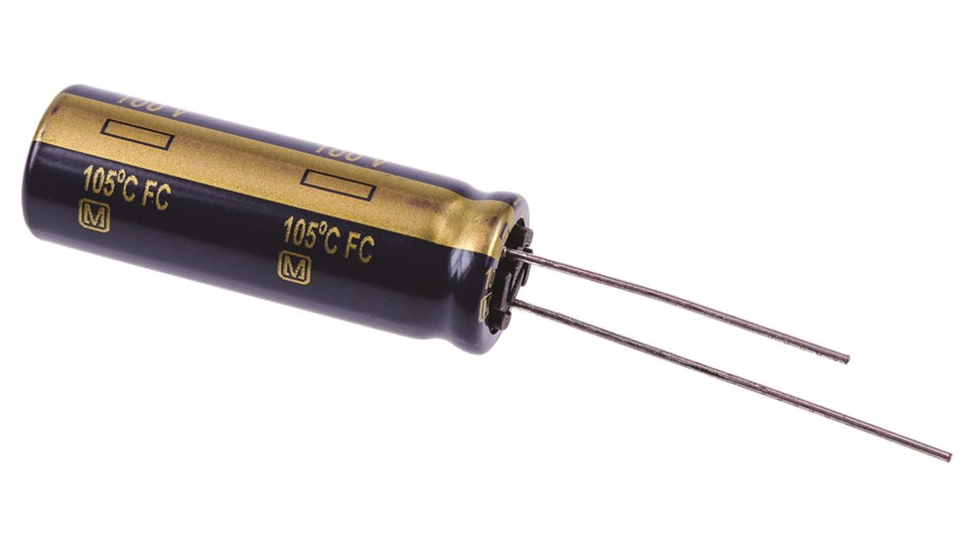 Panasonic 直插铝电解电容, 100μF, 100V 直流, 10 (Dia.) x 30mm, 最高+105°C, FC Radial系列
