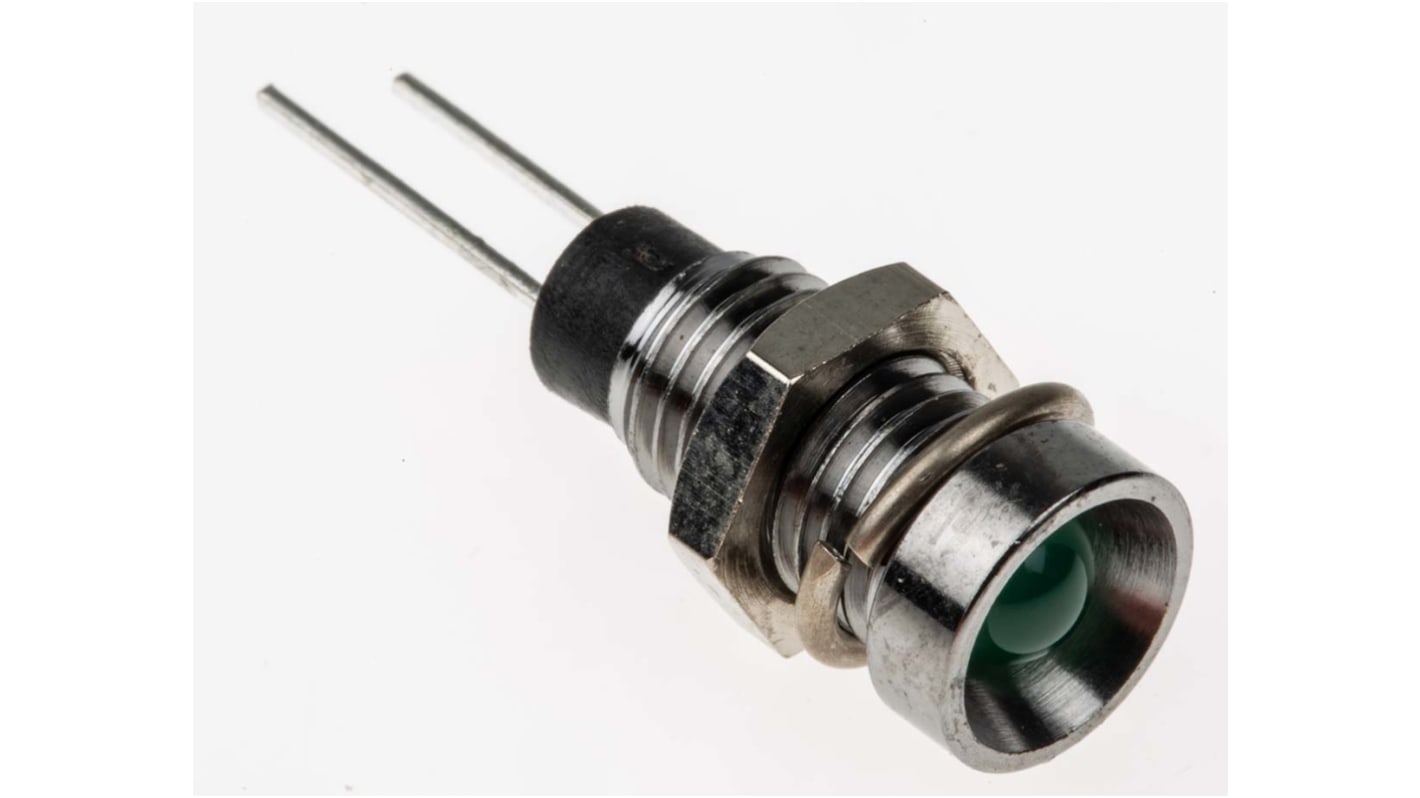 Bulgin 绿色LED面板指示灯, 2.1V, 30mA, Φ6.1mm安装孔, 引线端接, 凹入式边框, 铬色边框