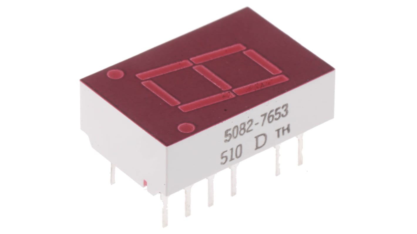 Display LED 7 segmentos de segmentos Broadcom de 1 caract., Rojo, Vf= 2,1 V, cátodo común, mont. pasante