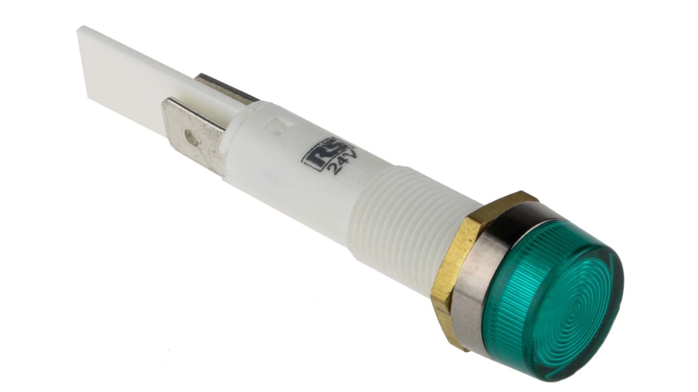 Arcolectric (Bulgin) Ltd 绿色细丝面板指示灯, 24V, 22mA, Φ10mm安装孔, 焊片端接, 凸型边框, 铬色边框, IP67, 0277系列
