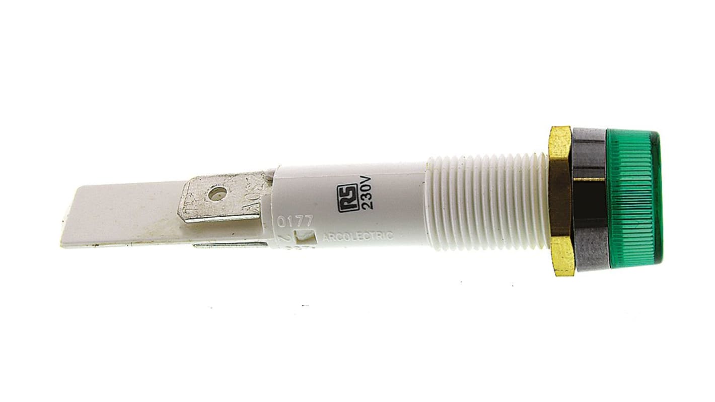 Indicador Neón Circular Arcolectric (Bulgin) Ltd 0277, Verde, lente prominente, marco Cromo, Ø montaje 10mm, 230V ac,