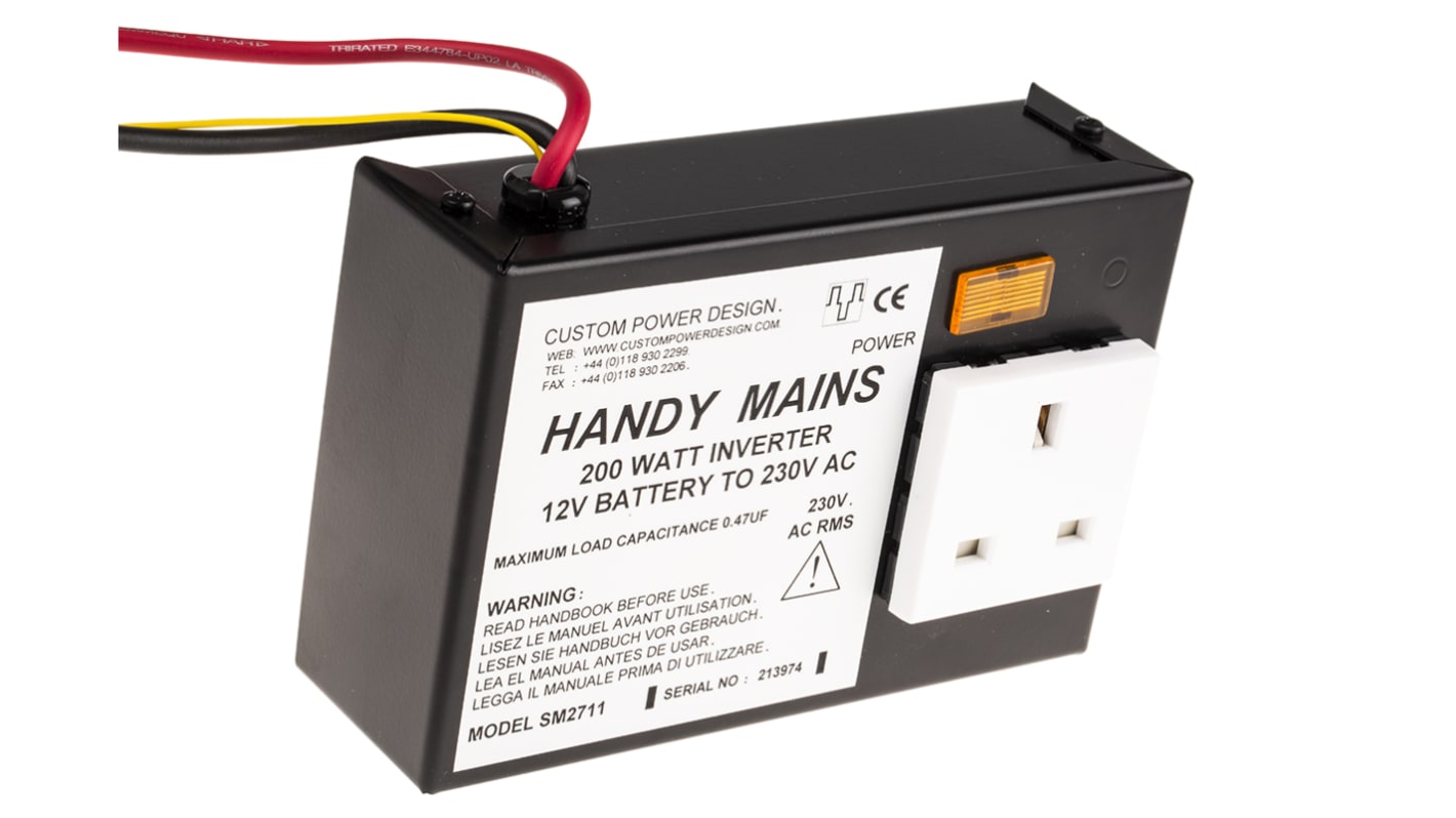 Inverter di potenza Custom Power Design, ingresso 12V cc, uscita 230V ca, 1.1A, 200W, 3 pin