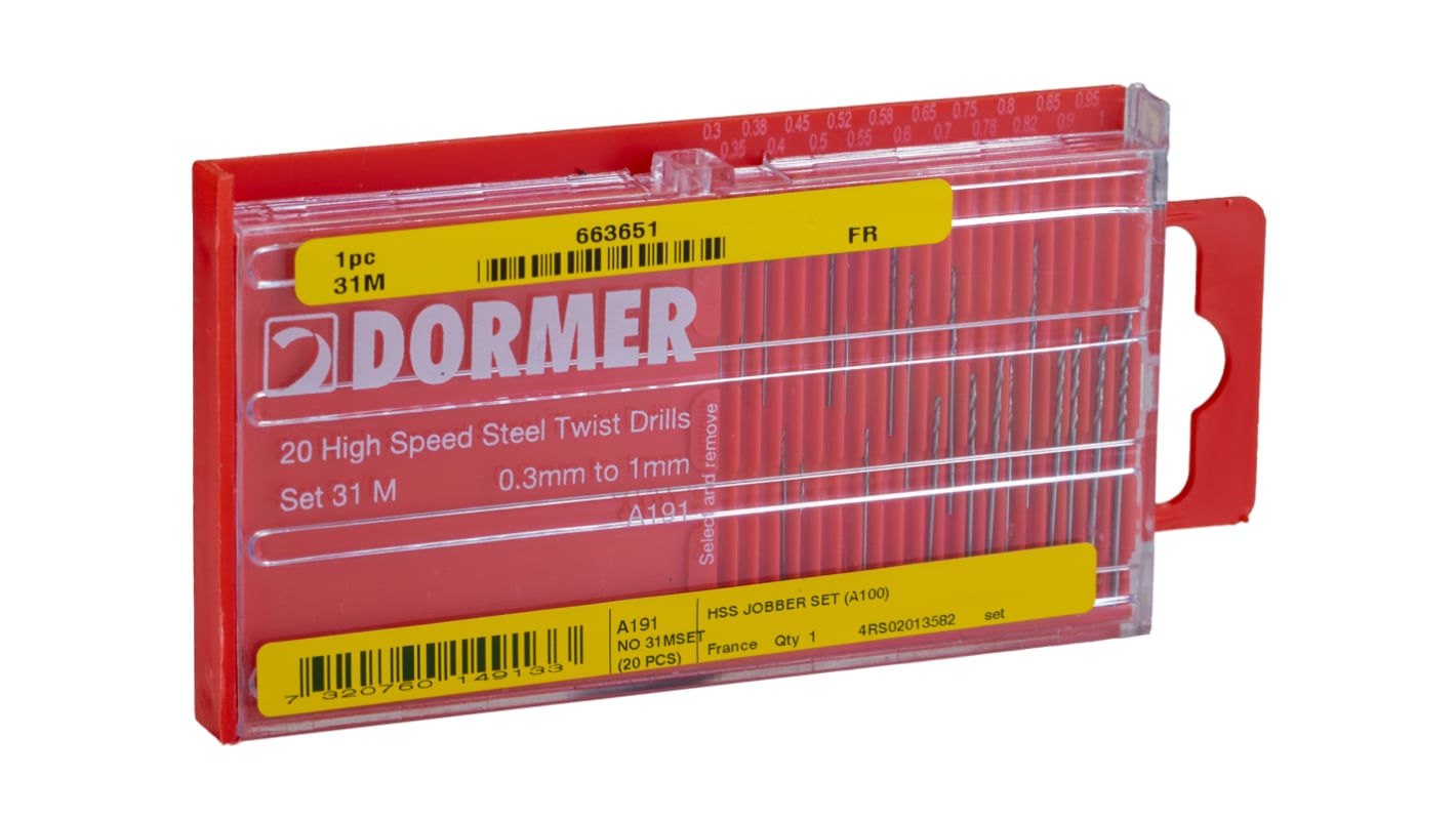 Dormer 20-Piece Drill Bit Set, for use with Miniature Drills