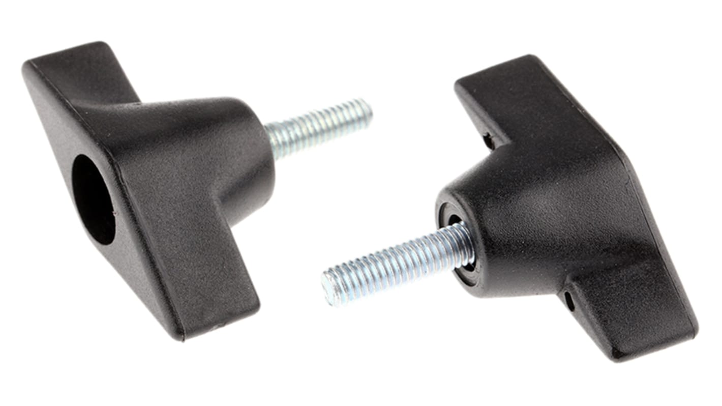 RS PRO Black Wing Clamping Knob, M6, Threaded Stud