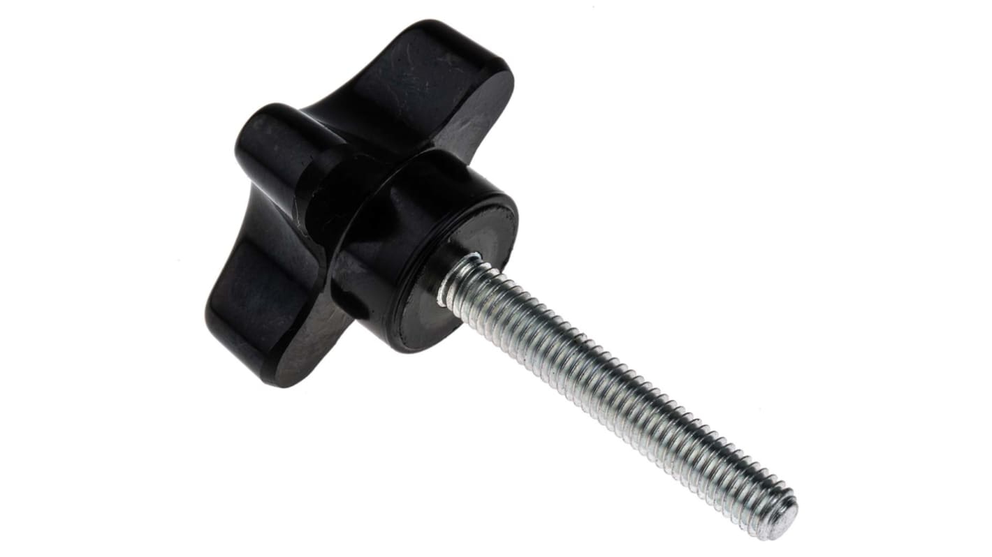 RS PRO Black 4-Arm Clamping Knob, M6, Threaded Stud