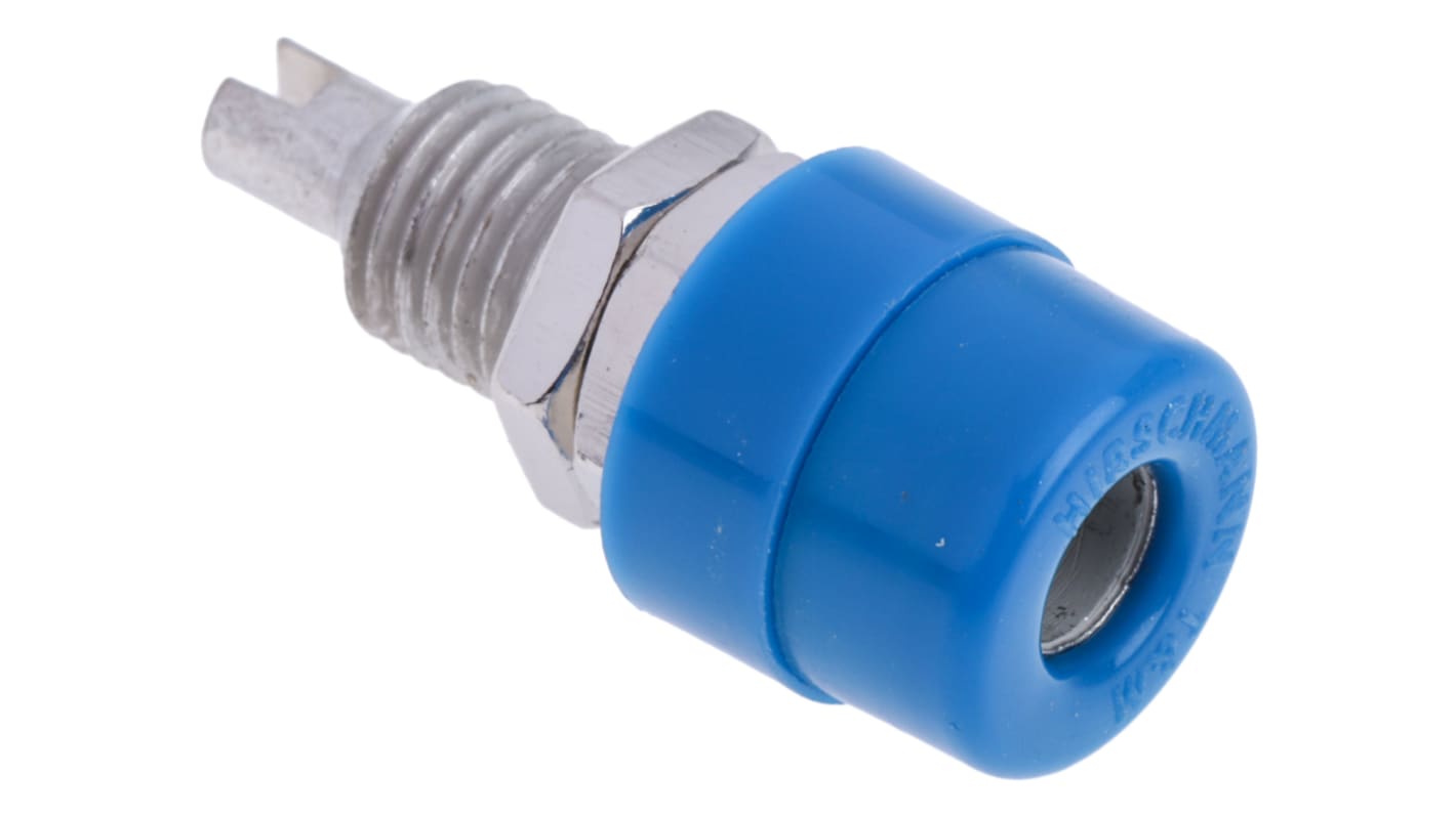 Hirschmann 4 mm香蕉插座, 蓝色, 30 V ac, 60V 直流, 32A, 焊接式, 23.5mm长, 镀锡