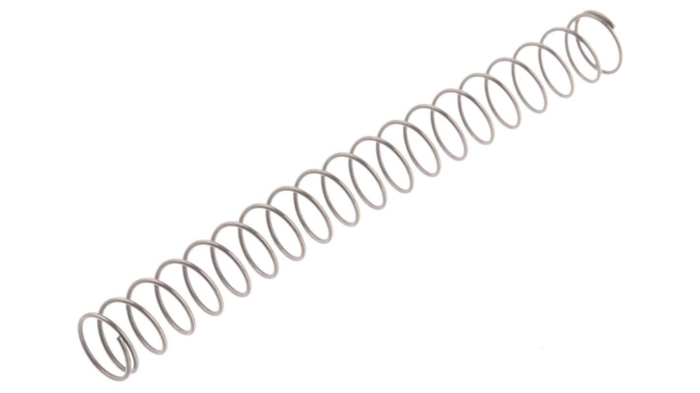 Muelle de compresión RS PRO de ale. de acero, Ø alambre 0.63mm, Ø ext. 8.63mm, L. libre 80.5mm, carga máx. 10.5N, "K"