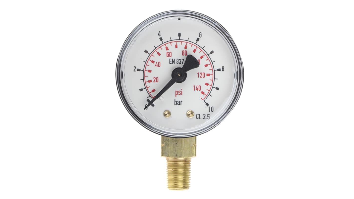 RS PRO R 1/8 Analogue Pressure Gauge 10bar Bottom Entry 50mm Outside Diameter
