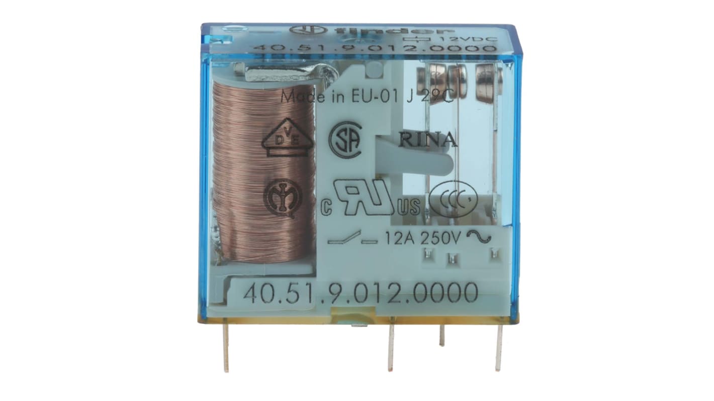 Relé de potencia sin enclavamiento Finder 40 Series de 1 polo, SPDT, bobina 12V dc, 10A, Montaje en PCB