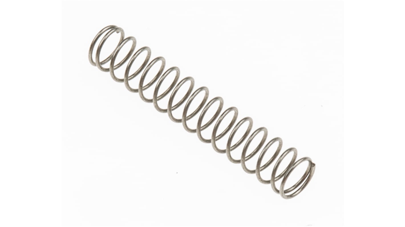 RS PRO 不锈钢压缩弹簧, 15.7mm原长度 x 2.75mm外径, 0.25mm线径, 0.18N/mm, 可压缩至5mm长