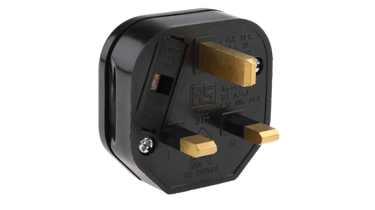 RS PRO UK Mains Plug, 13A Black, Cable Mount Thermoplastic, 250 V
