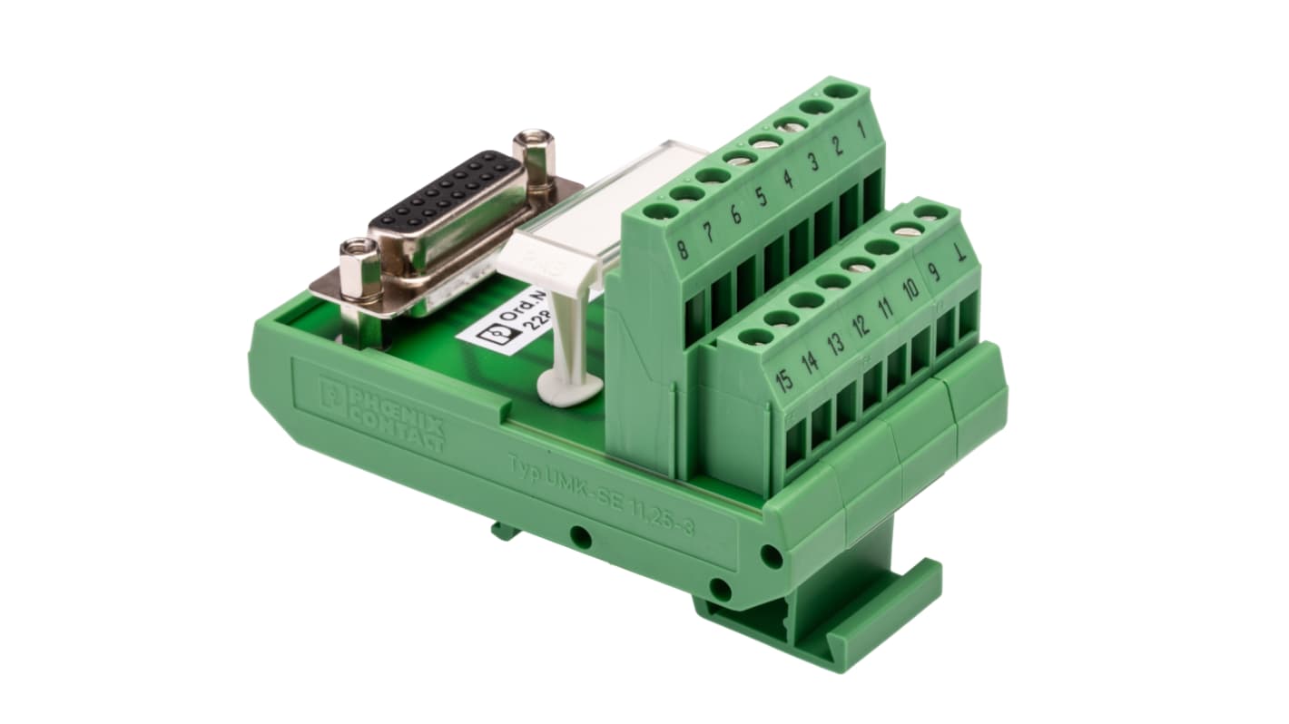 Phoenix Contact FLKM-D15 SUB/B Series 15-Contact Female Interface Module, D-sub Connector, DIN Rail Mount, 2.5A