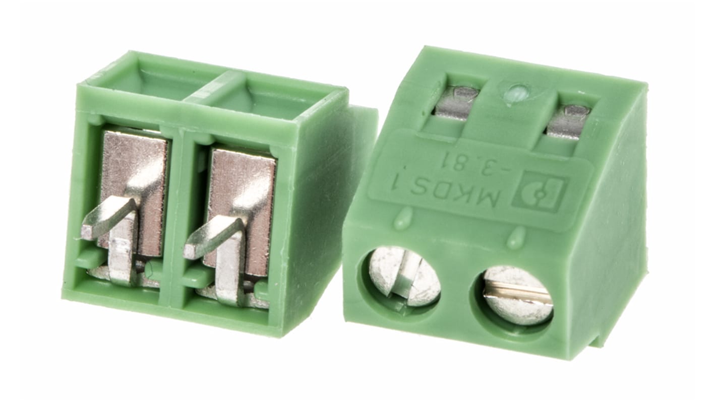 Phoenix Contact 双排PCB端子排, 2p, 3.81mm间距, 12A, 400 V, THT安装, 焊接端接, 直向, 绿色, MKDS 1/ 2-3.81系列