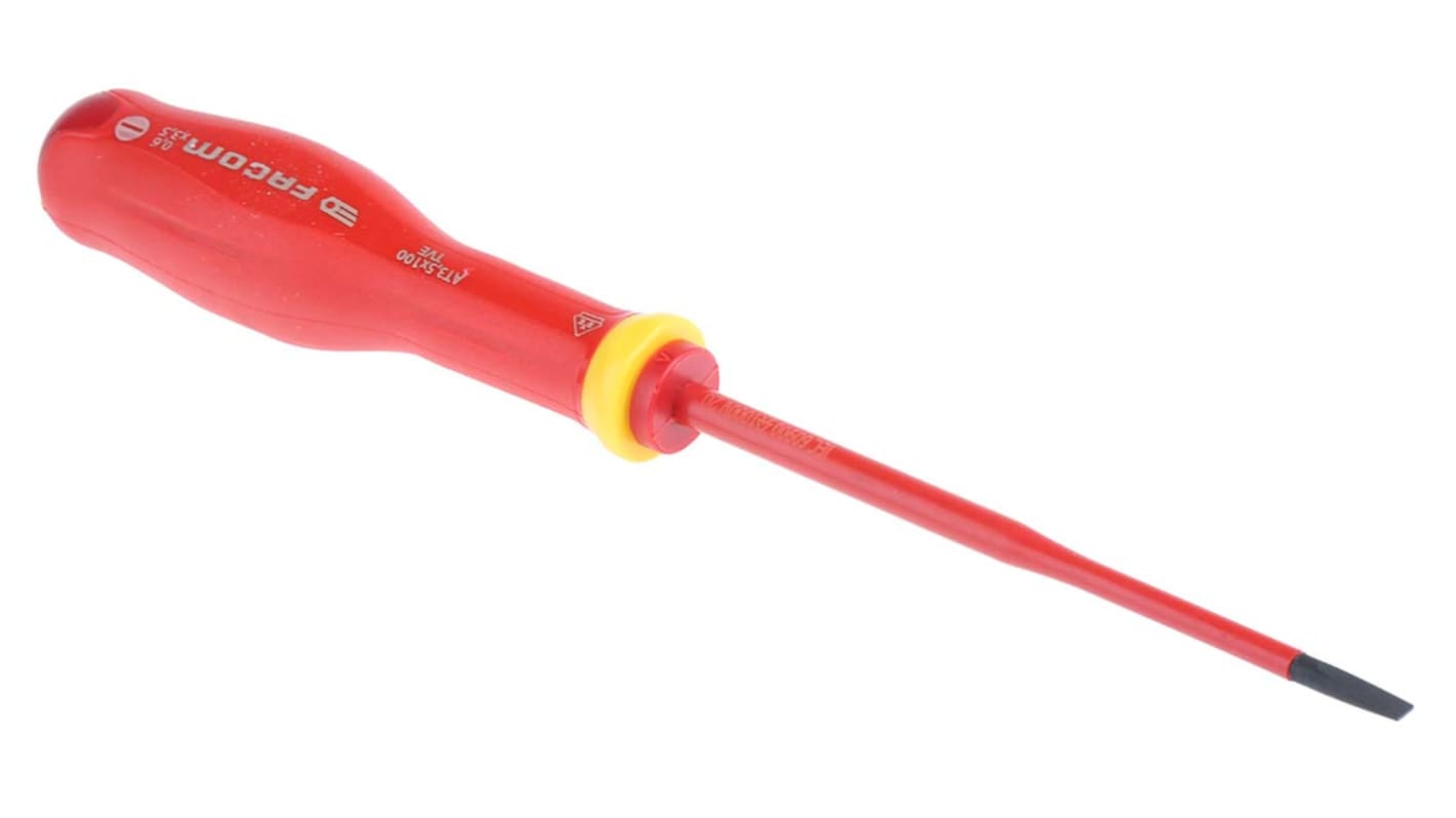 Facom Slotted Insulated Screwdriver, 3.5 mm Tip, 100 mm Blade, VDE/1000V, 204 mm Overall