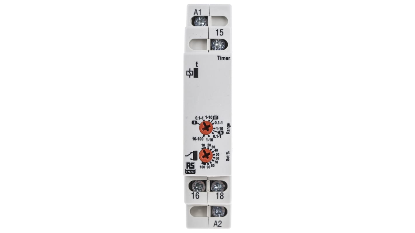 RS PRO 通电延时时间继电器, 12 → 230V 交流/直流电源, 0.1 s → 100h范围