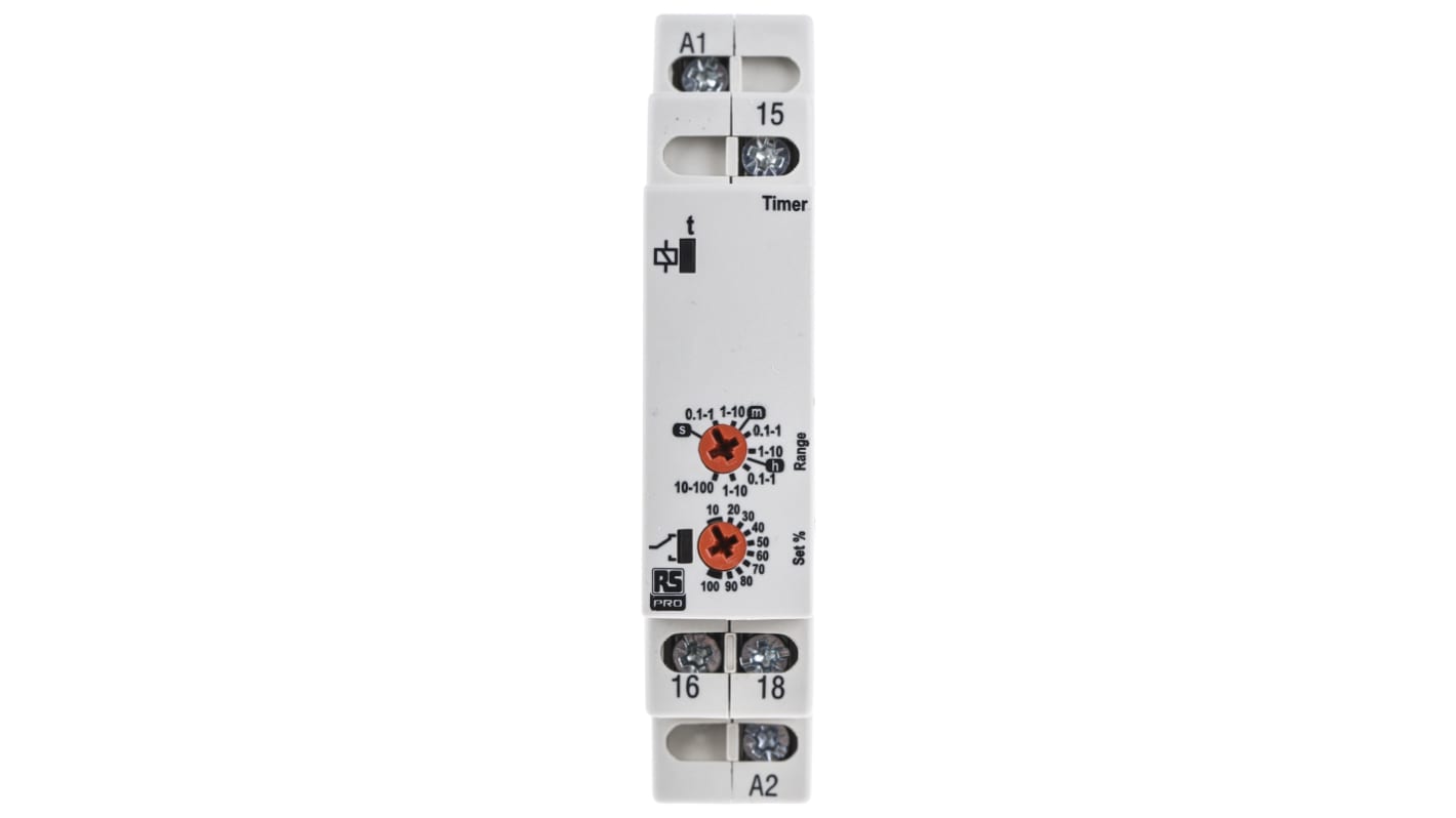 RS PRO DIN Rail Mount Timer Relay, 12 → 230V ac/dc, 0.1 s → 100h, SPDT