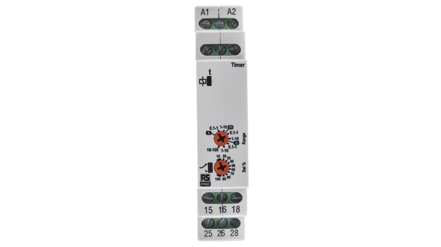 RS PRO DIN Rail Mount Timer Relay, 12 → 230V ac/dc, 0.1 s → 100h, DPDT